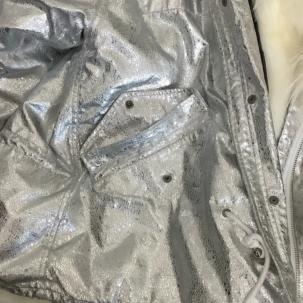 Silver Faux Fur Hooded Jacket, Size M - Picture 10 of 13